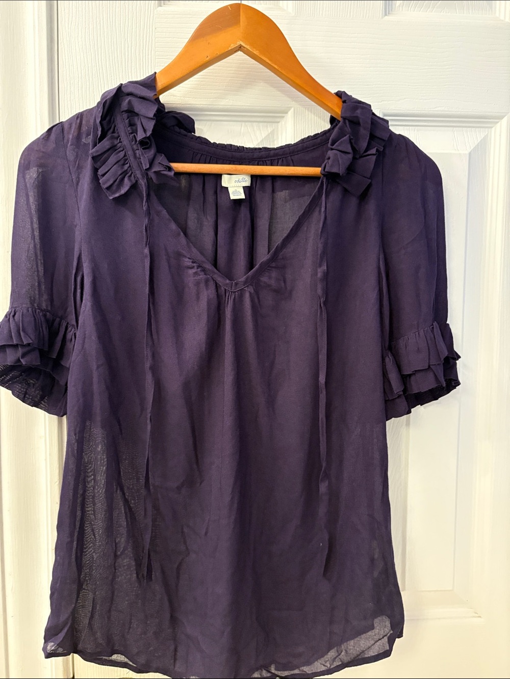 Odille Sheer Ruffle Tie-Neck dark Blue/Purple Blouse, Anthropologie